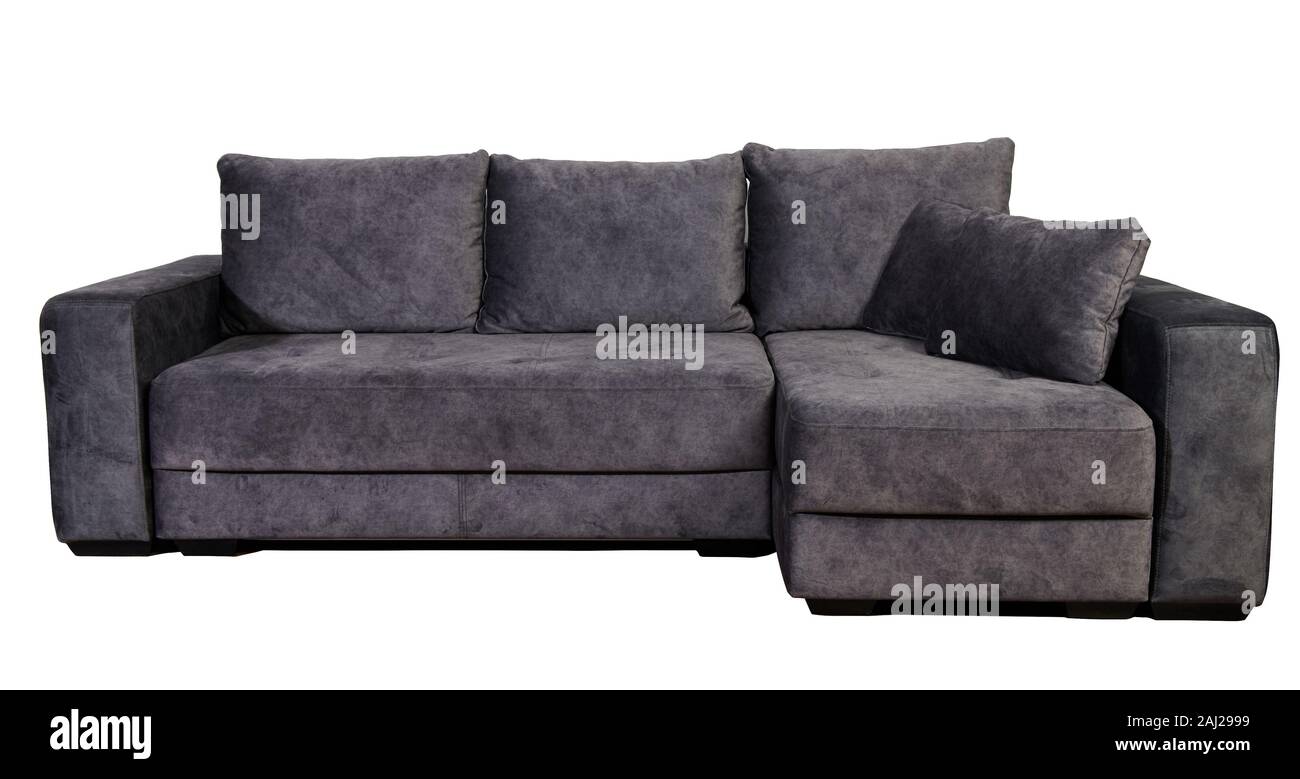 Graue sofa isoliert Vorderansicht auf weißem Hintergrund Stockfoto