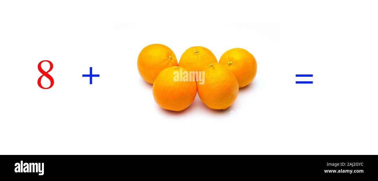 Einfache Probleme von Summen mit Orangen, mathematische Probleme für Kinder, die studieren und möchten Mathematik und Analysis zu lernen; Lernen mit Obst hinzufügen Stockfoto