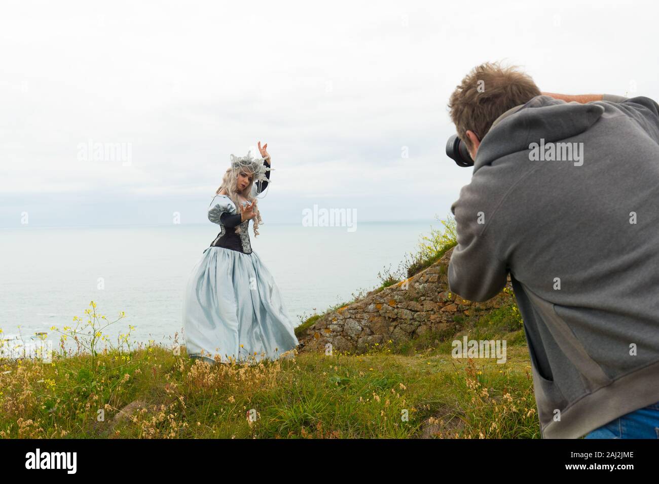 Fotografie Kurs, Workshop, bei Jersey Grosnez Castle und auf den Klippen Stockfoto