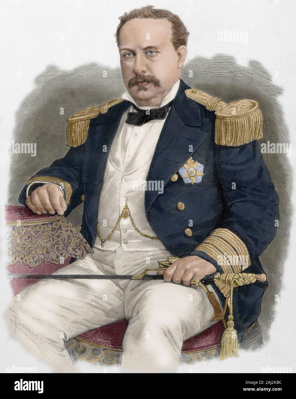 Luis ich von Portugal (Lissabon, 1838 - Cascais, 1889). König von Portugal und der algarves von 1861 bis 1889. Er war ein Mitglied des Hauses Braganza. Porträt. Gravur von La Ilustracion Española y Americana, 1881. Zeichnung von Badillo, Kupferstich von carretero. Später Färbung. Stockfoto