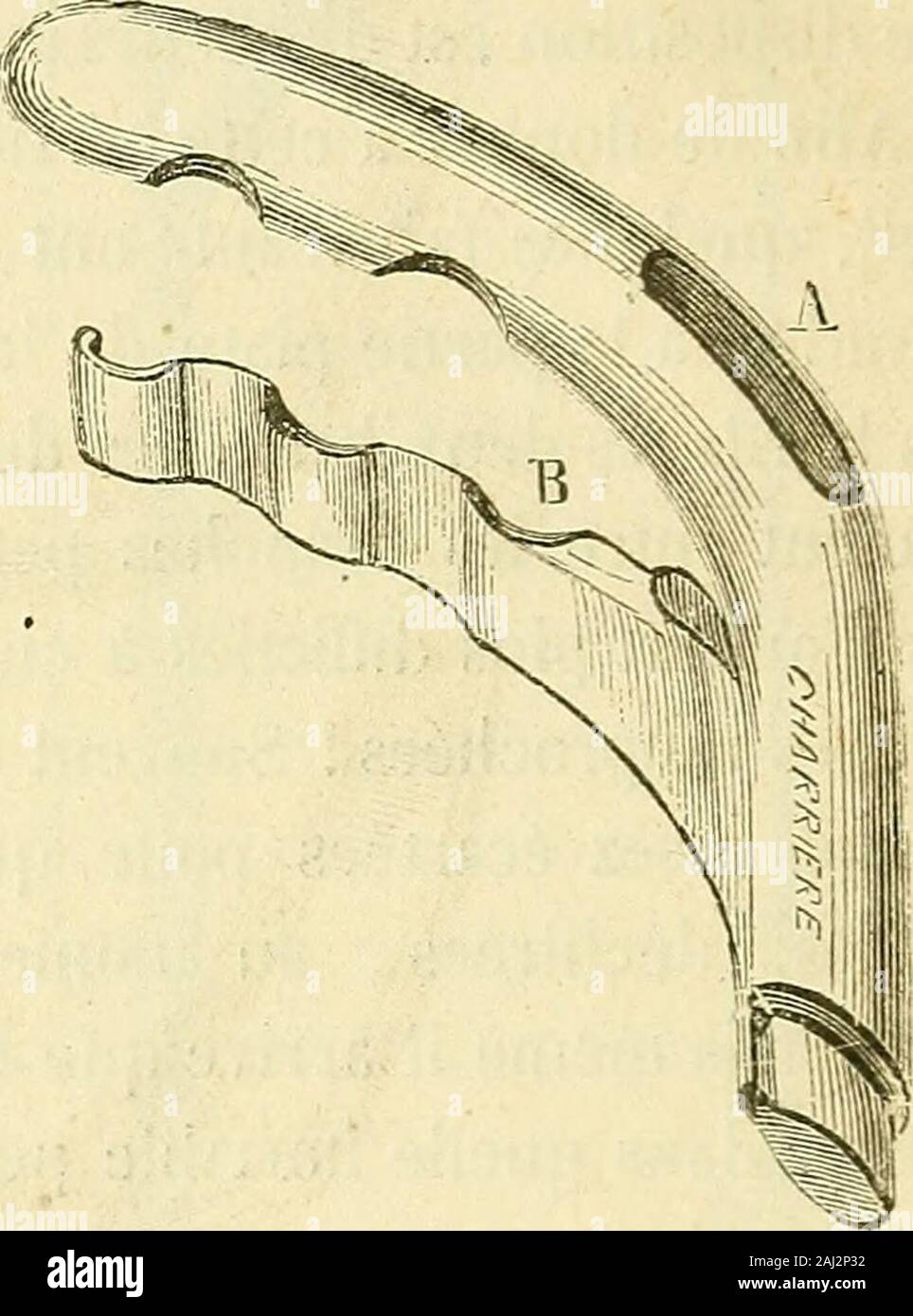 Arsenal de la Chirurgie contemporaine: Beschreibung, Mode d'Emploi et appréciation des appareils et Instrumente en Nutzung pour le Diagnostic et le traitement des maladies chirurgicales, l'orthopédie, La prothése, Les opérations simples, générales, Spéciales et obstétricales. FlG. 1486. - Mors fenêlrés (Porte-à-faux) de Charrière. FlG. 1487. - Mors du Brise - Pierre de Ségalas. Mercier ein RENDU lengorgement des Mors très difficile-en-adoptant ladisposition Suivante: Jes Gesichter correspondantes de Mors sind Platten ethérissées de petites aspérités suffisantes pour empêcher le Kfz-prüfungen de glisser, Mais Stockfoto