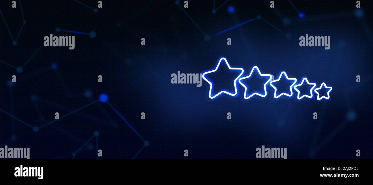 5-Sterne-Bewertungssymbol, ausgezeichnete Unternehmensleistung, Qualitätsservice, Bestreben, Benchmark, Erfolgskonzept, Landing-Page-Hintergrund Stockfoto
