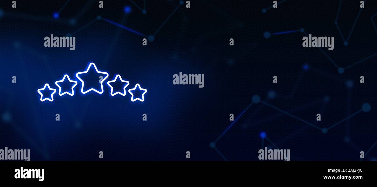 5-Sterne-Bewertungssymbol, ausgezeichnete Unternehmensleistung, Qualitätsservice, Bestreben, Benchmark, Erfolgskonzept, Landing-Page-Hintergrund Stockfoto
