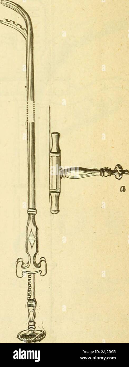 Arsenal de la Chirurgie contemporaine: Beschreibung, Mode d'Emploi et appréciation des appareils et Instrumente en Nutzung pour le Diagnostic et le traitement des maladies chirurgicales, l'orthopédie, La prothése, Les opérations simples, générales, Spéciales et obstétricales. Abb. d 48 Ich. - Brise - Pierre à àcrémaillère pigmn et de Charrière. FlG. 1482. - • Pignon anglaisa poignée [perpendiculaire. délie D, Creuse sengage transversalement, Dans laquelle le Pignon G; lesdents de ce Pignon sengrènent dans les rainures Dune crémaillère mé - 804 Instrumente. nagée postérieure à la Partie de la Branche Stockfoto