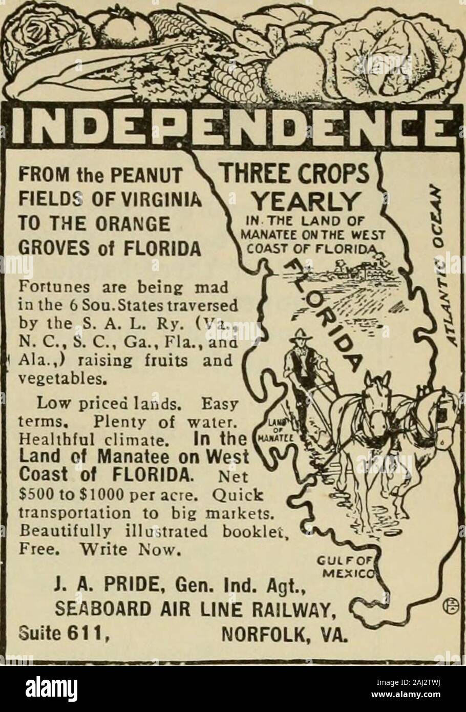 Nachlese in Biene Kultur. Für die Diamond Marke auf der Verpackung. Aus der Erdnuss drei Ernten, FELDER VON VIRGINIA die YEARLYTO ORANGEGROVES von Florida Vermögen sind Beine madin Die 6 Sou. Stales traversedby der S. A.L. Ry. (Conn., N. C, S. C, Ga, Fla., andAla.,) Anhebung fiuits andvegetables. Günstige landet. Easyterms. Viel Wasser ein gesundes Klima. In der ("^ iLand von Manatee auf die Westküste von Florida. Net $ 500 bis $ 1000 pro Acre. Zu den grossen Quicktransportation inaikets. wunderschön illustrierte bookletFree. Jetzt schreiben. J. A. STOLZ, Gen. ind Agt., SEABOARD AIR LINE RAILWAY, Suite 611, Norfolk, Stockfoto