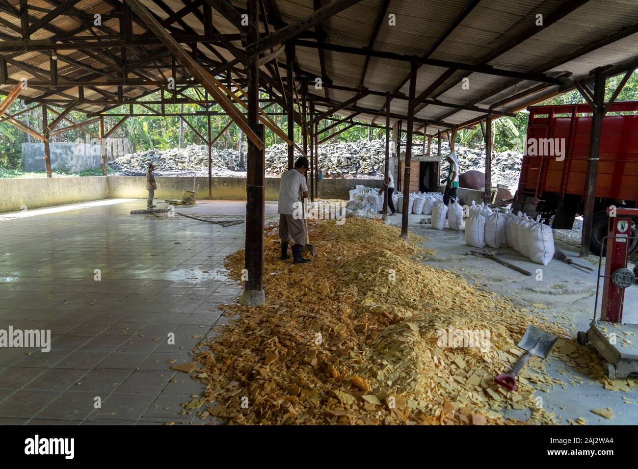 Gereinigtes Schwefel ist gestapelt warten in Säcke geladen werden und transportiert werden, vom Schwefel Werk tief im Dschungel in der Nähe von Banyuwangi. Die Ijen Vulkan ist einer der wenigen Orte, an denen Schwefel noch ohne Maschinen abgebaut ist, den Krater des Vulkans hat einen aktiven Schlot produziert, dass elementarer Schwefel. Atmung in den Schwefel Gas kann langfristige gesundheitliche Auswirkungen verursachen, aber trotzdem gibt es keinen Mangel an lokalen Bergleute riskieren alles, was ein gutes Gehalt zu verdienen ist, Bergarbeiter, einem durchschnittlichen Einkommen dreimal höher als die der lokalen Gehalt. Reiner Schwefel ist im Haushalt Reinigung pr verwendet Stockfoto