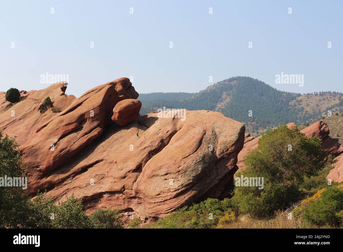 Große rote Felsen ragen aus dem Boden auf der Trading Post Trail in Red Rocks State Park, Colorado Stockfoto
