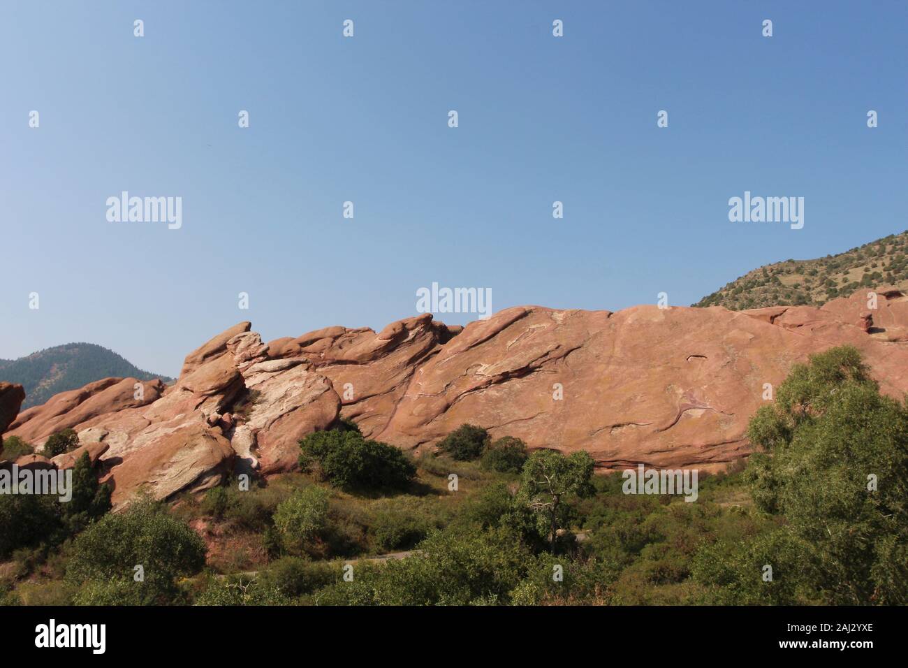 Große rote Felsformationen, ragt aus dem Boden, hinter Bäumen und Gräsern, auf der Trading Post Trail in Red Rocks State Park, Colorado, USA Stockfoto