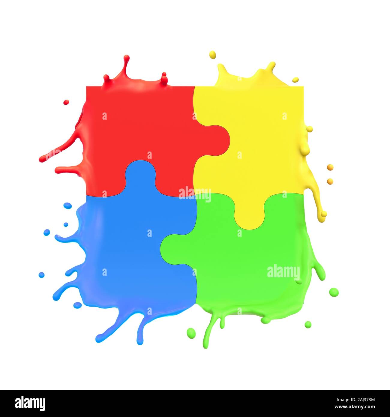3D-Rendering von bunten Puzzleteile Spritzer auf weißem Hintergrund. Digitale Kunst Kinder Spielzeit. Spielzeug und Spiele. Stockfoto