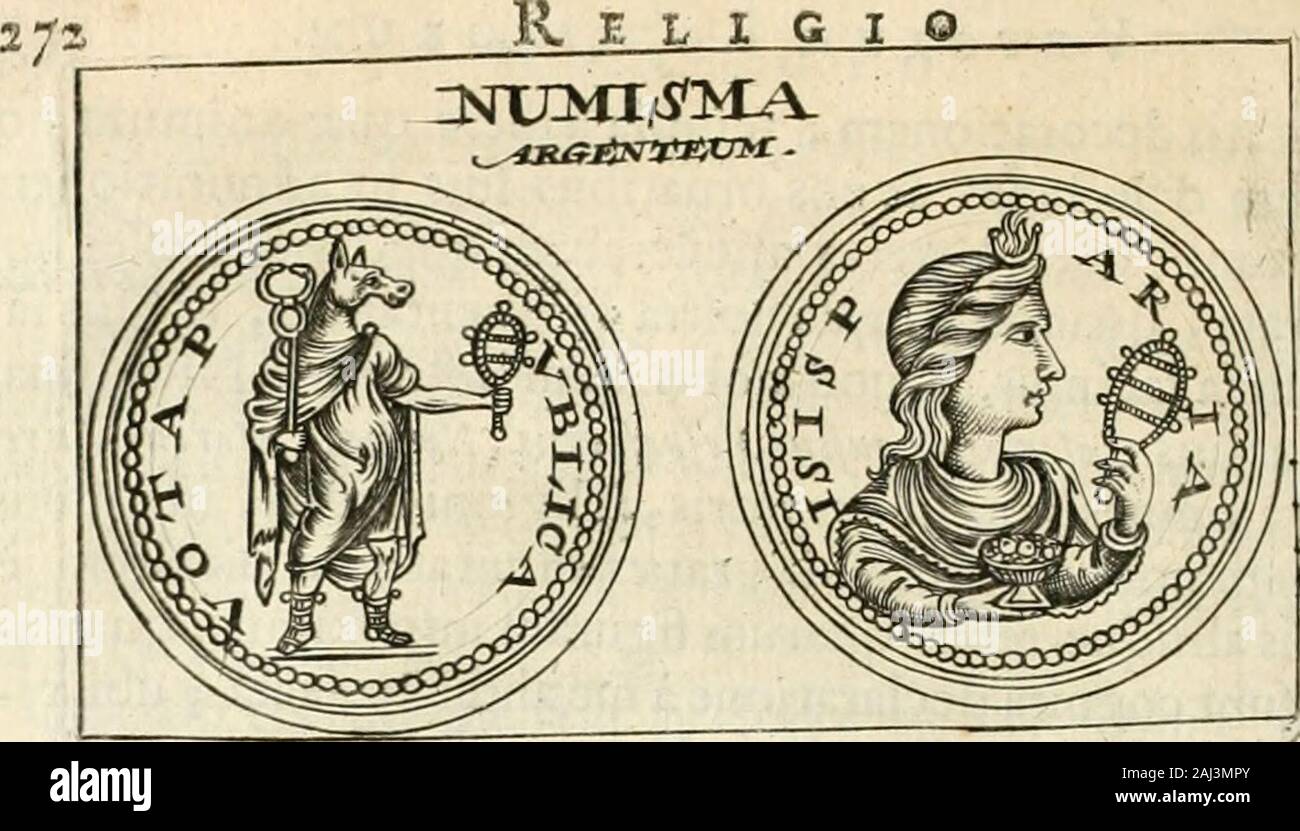 Veterum Romanorum Religio castrametatio, disciplina militaris Ut&balneae ex Antiquis numismatibus & lapidibus demonstrata. Reftat T^gyptiorum religionem defcriberc, qui Primi^ digio m. oculos elevaruntad coelum, confiderantesmotum, oder -S)/" "Dinem &: qualitates rerum cceleftium: quiquecrcdebantSolemac Lunam efle Deos, Dantes Solinomen OJiris ^ & Lunx Ij^ ist, qux tanquam Dea ein romanis Seit adorata 157 S, Fuit: quodhic infrapofitum Numifmademonfl: Ratte, iaquoab averfa Parte repra: fcntatur Cynccephdtis^ de quoilibifatis spät Locutus fum Et. Aj^ ypiiisar-Et unter anderem facrificia Commodus Impcrator Stockfoto