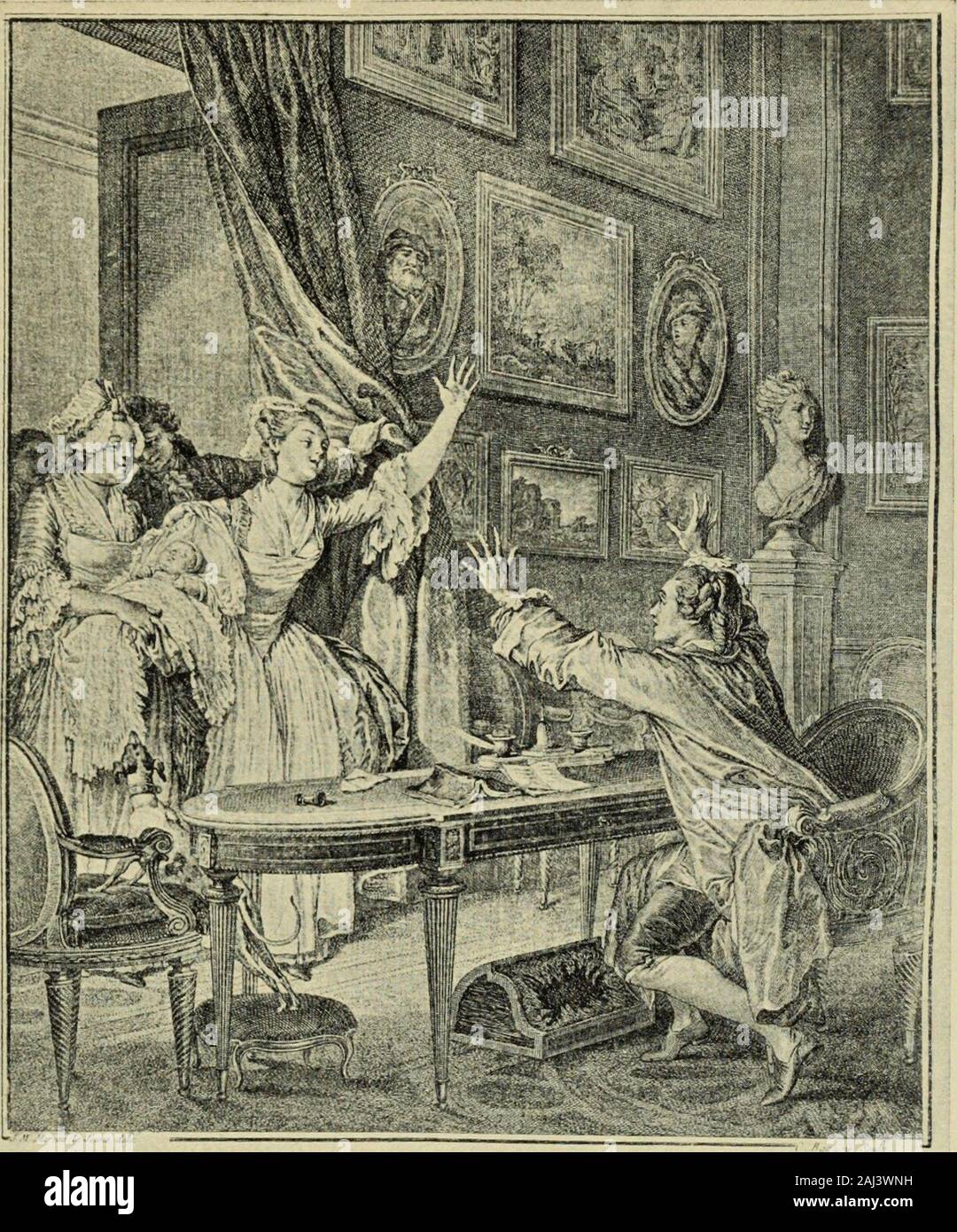 Fragonard, Moreau le Jeune und Französischen Graveure, etchers und Illustratoren der späteren XVIII Jahrhundert. d naA nriu; UK! Ho/i/IC L I uuc XIX. JEAN MICHEL MOREAU. CEST UN FILS, Monsieur. GRAVIERT VON JEAN CHARLES BAQUOY. Vom Denkmal DU COSTUME der ursprünglichen Zeichnung befindet sich in der Sammlung des Baron Edmond de Rothschild^ J. C. Baquoy, linc-cngravcr; b. 1721; d. 1777; w. in Paris. /) C CS/II/i r^/;/) (^^L o/i. s7t7//XX. JEAN MICHEL MOREAU. LA PETITE TOILETTE. ENGRAVEDBY PIETRO ANTONIO MARTINI. Aus dem MONUMENTDU Kostüm der ursprünglichen Zeichnung befindet sich in der Sammlung des Baron Edmond deRothschild Stockfoto