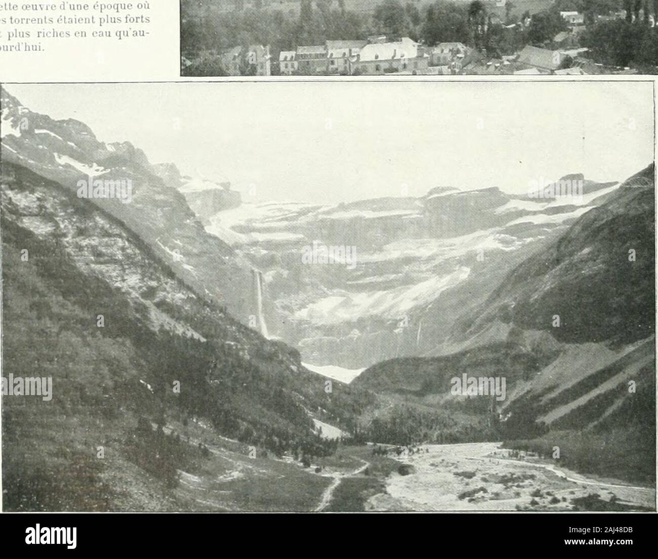 Album géographique: La France. iisparns. Telle e. Vallées transversa - les: l. VALLKT-: DE PlERRI -.- FiTTE. - Loeuvre dérosiondes Torrents nés de la tontedes Gletscher eine singulière'- contribué aussi à-Rao-dilier le Relief de nos paysmontagneux. La Vallée. dePierretitte legave façonnée par de Pau, est Lun dessillons pluscaractéristiques transversaux les de la régiondes Pyrénées. Partout desjonchées de Roches attestentcelte Oeuvre dune Epoque oùles Torrents étaient plus Fortset plus riches en eau Quau - jourdhui.. ?^.^^. Stockfoto
