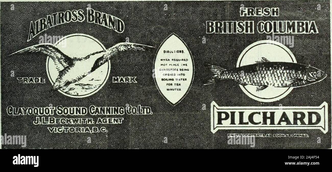 Kanadische Lebensmittelhändler Januar-März 1919. In 1 lb verpackt. Schwänze und 1-2 lb. FlatsSold durch Ihr Fenster. Ihre Kunden werden LikeALBATROSS Marke die Sardelle, Es ist eine gesunde und leckere Meer Foodand mit den vorherrschenden großen Nachfrage forfish Händler finden Albatross BrandPilchards schnell-mover und eine goodmoney-maker, auch. Clayoquot-Sound Canning Co., Ltd. J. L. BECKWITH, AgentVICTORIA - v. Chr. Jtfa & * KIPPEREDHERRING 5331 geräuchert: Bücklinge. Bloaters. Ohne Knochen Hering, HerringChicks. Gebeizt: Scotch-cured Hering (Fässer und halben Fässer und Gebinde); gefrorene Heringe, Fischpaste in Gläsern. 46^Ule/iTlut Stockfoto