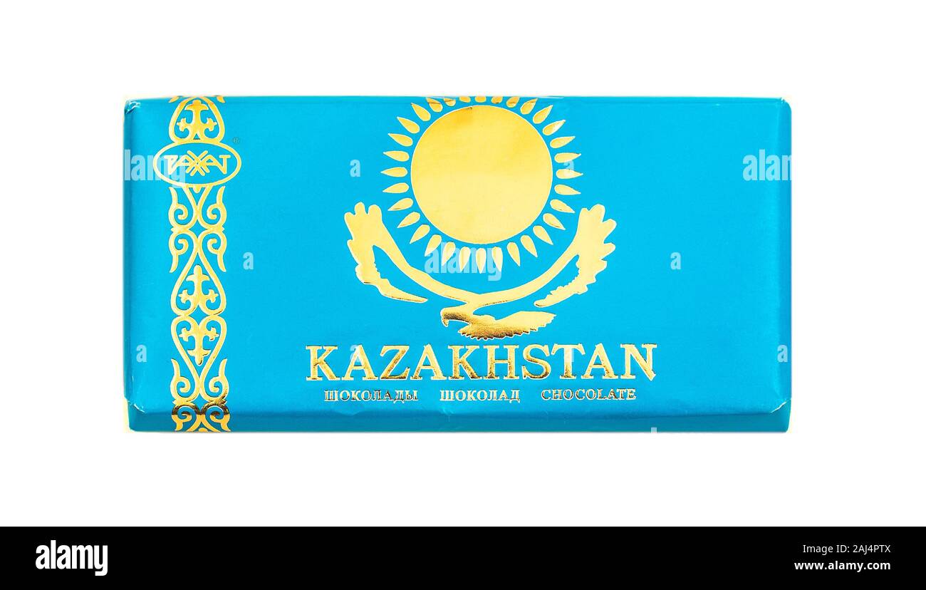 Kasachstan. Schokoladenriegel als Souvenir, isoliert Stockfoto