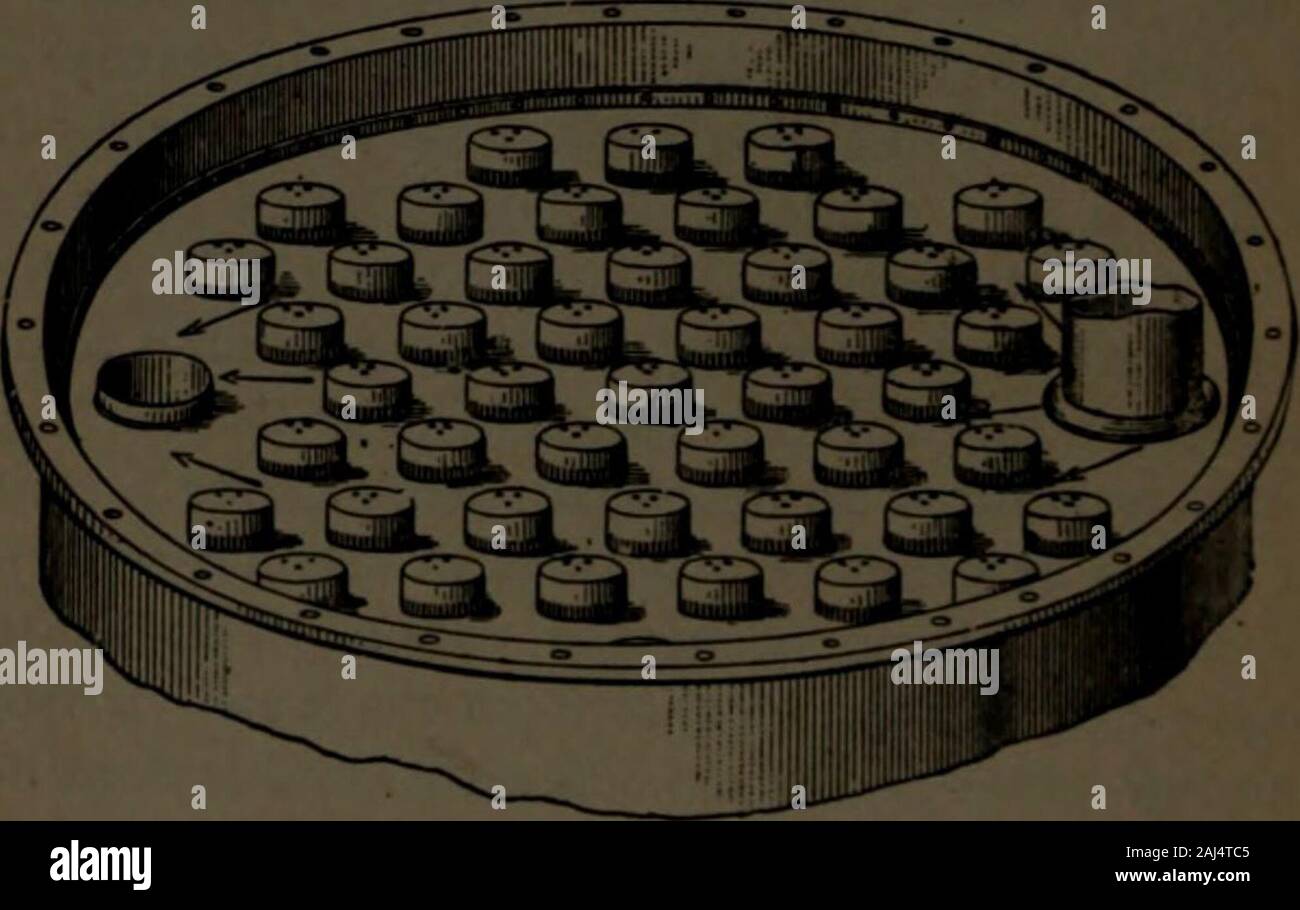 Ein praktisches Handbuch für die Destillation von Alkohol aus landwirtschaftlichen Produkten, einschließlich der Prozesse der Mälzerei: Maischen und mascerating: Gärung und Destillieren Alkohol aus Getreide, Rüben, Kartoffeln, Melasse, etc., mit Kapiteln von alcoholometry und die Denaturierung von Alkohol ... . Querschnitt der Abb. 23.. Abb. 23. - Destillieren Platte. B. Die Bedienung ist gleich, jedoch in principlein der beiden Teile. Die Wäsche durch eine geeignete Pumpe ist ein Overhead forcedinto Tank oder Konzentrator G, wo es durch die heißen Dämpfe erwärmt als später de werden - Stockfoto