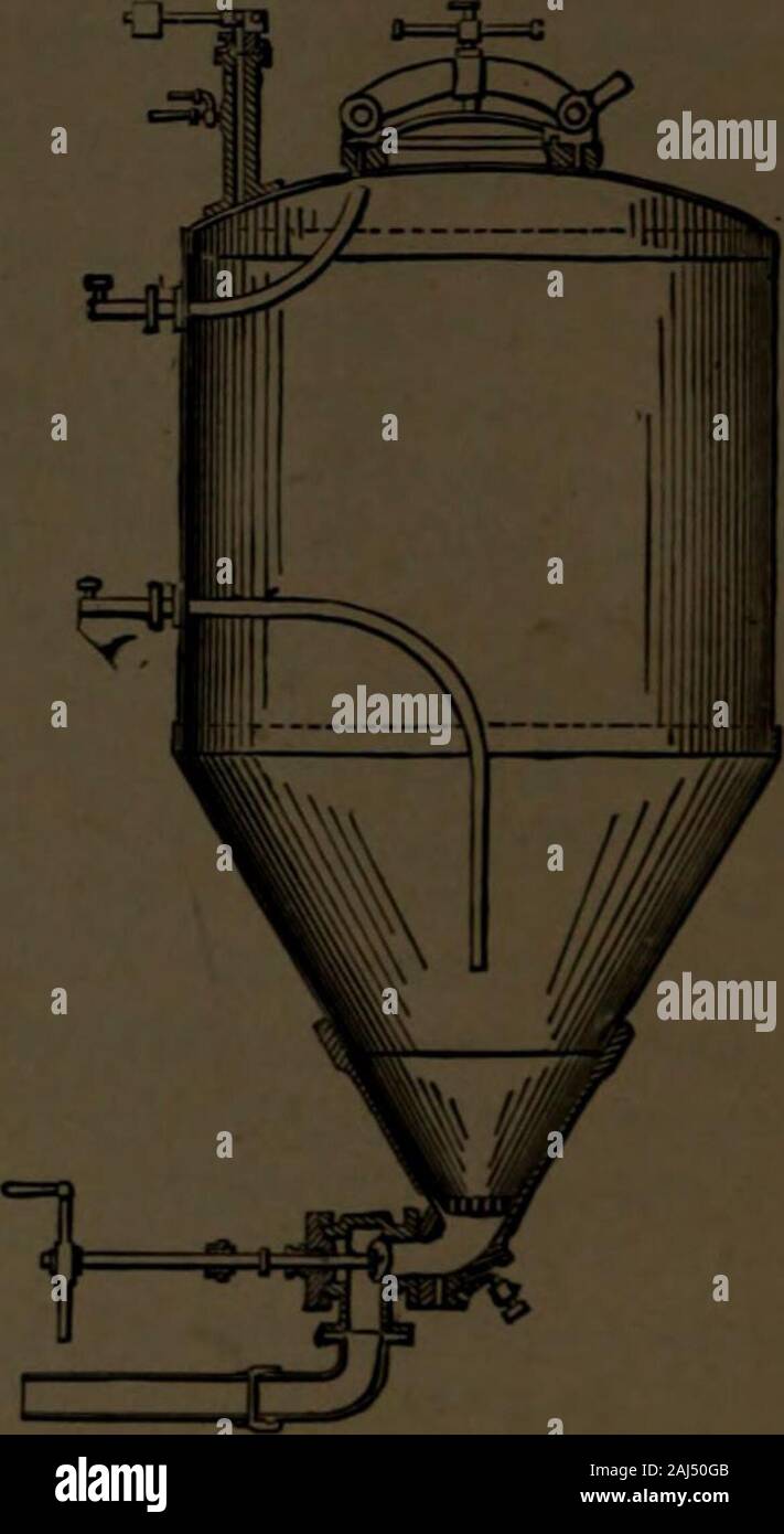 Ein praktisches Handbuch für die Destillation von Alkohol aus landwirtschaftlichen Produkten, einschließlich der Prozesse der Mälzerei: Maischen und mascerating: Gärung und Destillieren Alkohol aus Getreide, Rüben, Kartoffeln, Melasse, etc., mit Kapiteln von alcoholometry und die Denaturierung von Alkohol ... . Wurde bereits früher mit heissem Wasser versorgt und während themixing von tha Mahlzeit mit dem heissen Wasser der massis ständig gerührt. Das Malz ist gemischt withwater in der kleinen Körner Whirlpool, providedwith ein Rührer. Das Malz Maische inden Herd und die Masse gründlich mischen. thearms zugelassen. Nach dem Maischen, die p Stockfoto