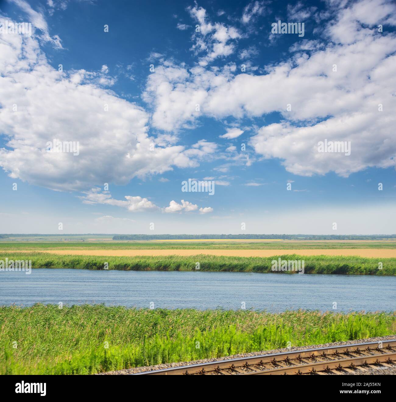 Schönen Sommer Landschaft mit Fluss, goldene Felder, Eisenbahnschienen, grünen Bäumen und blauer Himmel mit weißen flauschigen Wolken Stockfoto