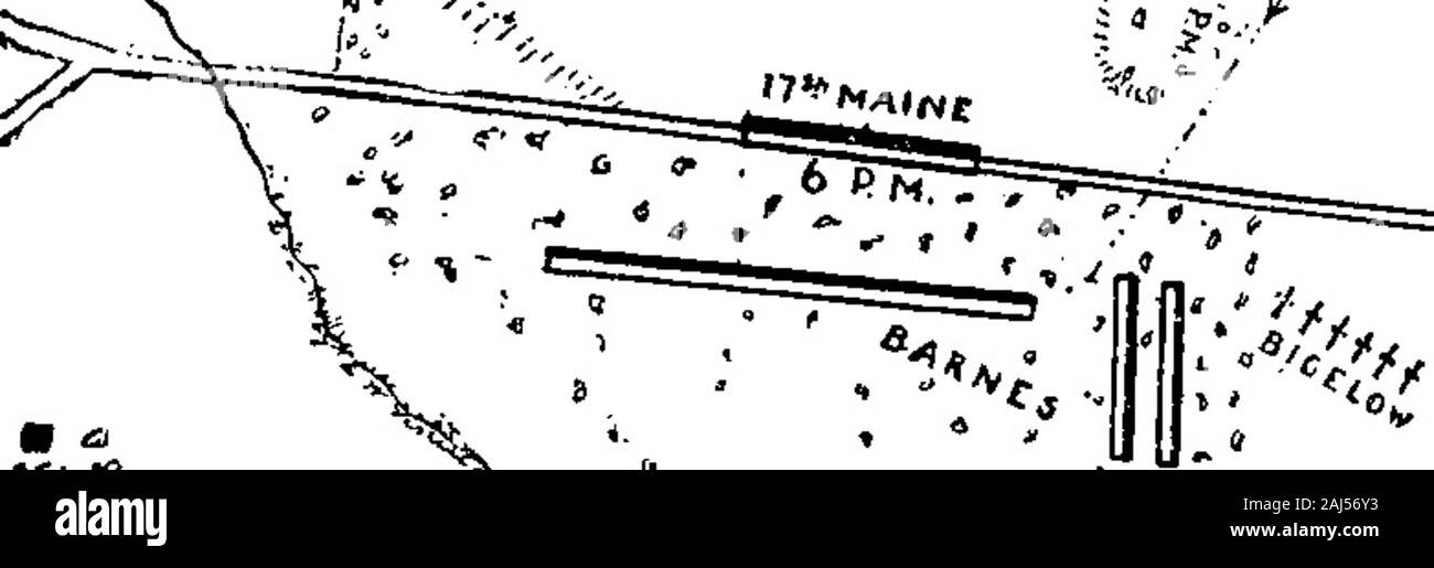 Maine bei Gettysburg [elektronische Ressource]. loo Yards Positionen von! 7 TMaine4 bis b Uhr.* -&gt; 1.-N1&gt;&gt;*&gt;/&lt;: & * &**, v * 5? •?S*. v PeicA Obstgarten 0 t&gt; t&gt; tjccp^C1 HART-AMES I-Diagramm 1. Von G. W. Venill gezeichnet. 17 Maine in WHEATFIELD. Der Feind wieder seine Linien und brachte in AndersonsGeorgia Brigade mit diesen verstreuten Teile der Eobertsons, ein anderes bestimmt Assault. Wie diese entwickelt sich von anattack Wenig gebunden oben westwärts und Beyondthe rechts in der Siebzehnten, es in die Tat der 5 23.38.39 und 110 Penn Regimenter, die Stockfoto