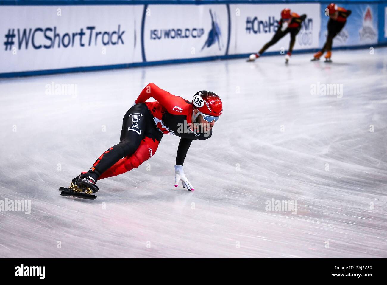 Dresden, Deutschland, Februar 03, 2019: Steven Dubois von Kanada konkurriert während der ISU-Short Track Eisschnelllauf Weltmeisterschaft in Dresden, Deutschland Stockfoto