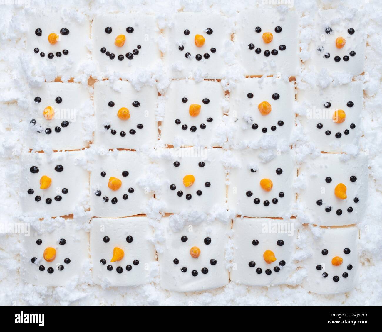 Marshmallow Schneemänner Gesichter Muster Stockfoto