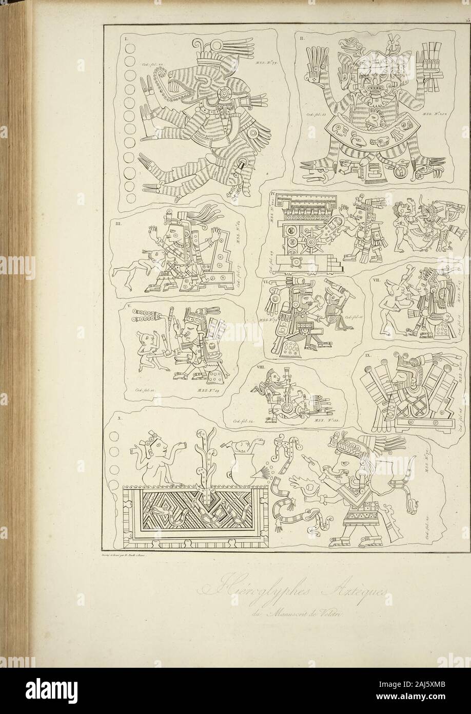 Vues des Cordillères et monumens des peuples indigènes de l'In. Eur du Codex anonymus dit que le Souverain est figuré ayant Dans "une main des Fleurs, et dans un Jonc lautre au bout duquel est fixé un "cylindre de résine odoriférante. "Le vase qne lempereur tient dans samain gauche a (juelque ressemblance avec Celui que Tonne voit dans la mainde lIndien ivre figuré dans le Recueil de Mendoza. Les Peintres mexicainsrcprésentoient généralement Les Rois et les Grands seigneurs pieds Nus, pourindiquer quils nétoicnt pas vollendete pour se servir de leurs Jambes, et quilsdévoient constamment Stockfoto