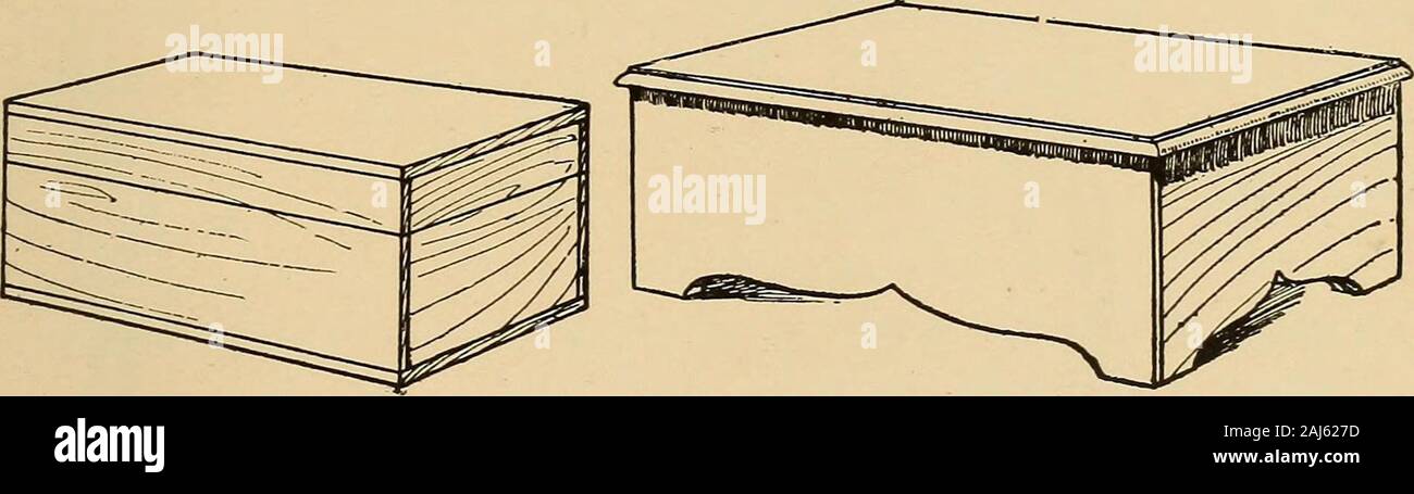 Holzbearbeitung für Anfänger; ein Handbuch für Amateure. ke Weise des puttingboxes zusammen als durch irgendeine Form der Verzahnung (siehe Dove-tailing), aber dieser Prozess ist kaum eine für den Anfänger toundertake, und sollte verschoben werden, bis er acquiredconsiderable Skill hat, für, obwohl der Grundsatz der Festlegung nachfüllenund Schneiden fügt einfach zu verstehen ist, viel exactnessis in der Ausführung erforderlich. Ist das Feld nicht oben, aber geringe ^Er nach unten öffnen, wie in Abb. 347, Der beste Weg ist es nicht zu machen, die zwei partsseparately, aber einfach zusammen in eine enge Box stellen und thensaw Es abgesehen, wo man haben möchte. Stockfoto