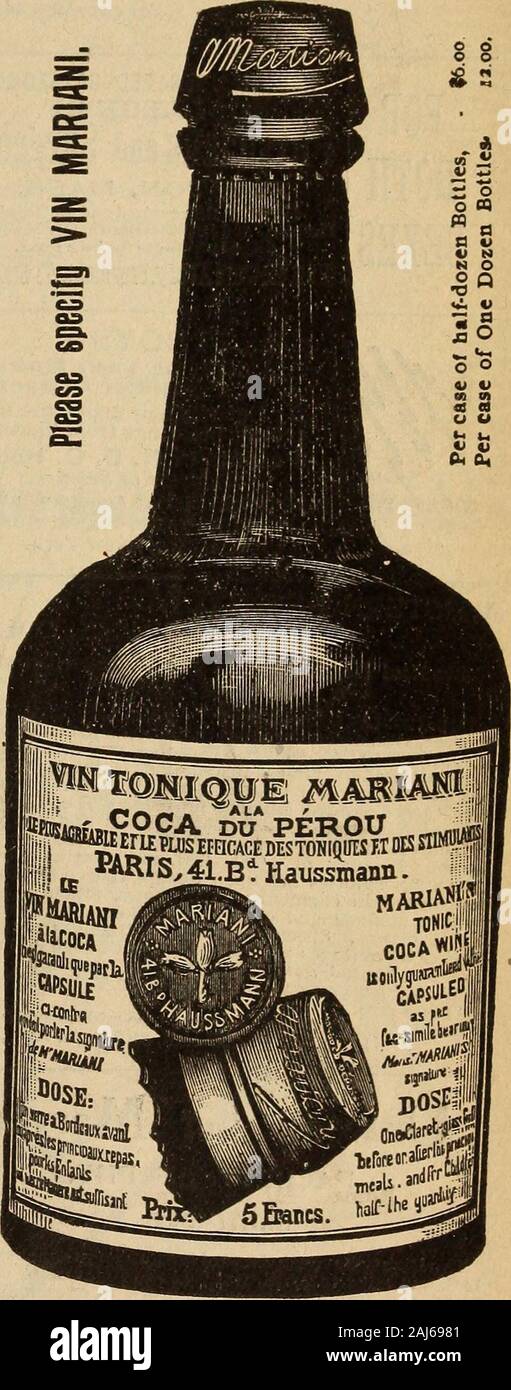 Die medizinischen und chirurgischen Reporter. Über ihre Unterschriften (in ourpossession) sind vollständig in Einklang andclearly beweisen die Wirksamkeit und meritsof-VIN MARIANI, Mai thussummarized werden: ** DiflFiisible Reizmittel und Stärkungsmittel in ansBmia, nervöse Depression, Folgeerscheinungen von childbirthlymphatism, verspäteten Rekonvaleszenz, generalMalaise, und nach verschwenden Fiebern. Besonderer Hinweis auf das Nervensystem, inall krankhafte Zustände, Melancholie usw. Stärkungsmittel im Kehlkopf und Magen complica-, Magen Probleme. In allen Fällen, in denen eine allgemeine Kräftigung und Stärkung © f des Systems erforderlich ist. Die einzige Tonic Stimulans ohne u Stockfoto
