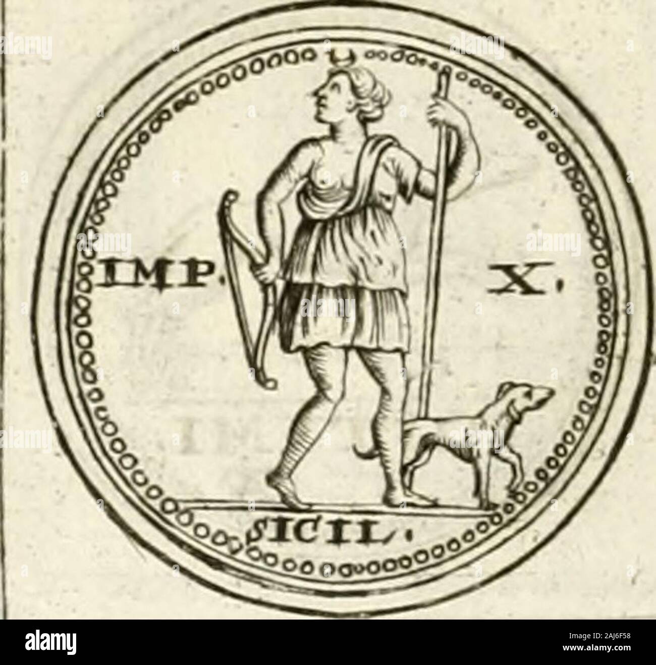 Veterum Romanorum Religio castrametatio, disciplina militaris Ut&balneae ex Antiquis numismatibus & Lapidibus. dutis demonstrata, qux ad cruris mcdietatem afcendunt, ficFol - uxEndrofntdfsvoca. Vit, tanquam res propria Diana; tun - Nata. In avcrfa Parte alterius Numifmatis Angu^ uns il-lam habitu virginali figurari fccit, arcum Ixva tcnen-tem &: Alia demonftrat fe fagittam e pharetra protra - herevelle: Ambo im Medio literis abbreviatis Notata, Unum seinen fciHcet, IMPERaTOR DECIES, & alte - rum IViPERATOR UNDECIES: & mfra idemverbumlegitur, SICILIA. E magna Copia aureorum Numifmatum anno millefimoquingen Stockfoto