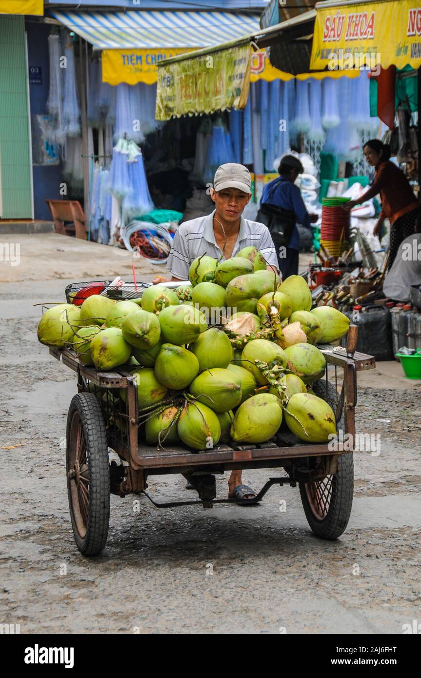 Mekong Delta, Vietnam; 29. November 2008. Mann drücken Warenkorb Durchführung frische Kokosnüsse. Stockfoto