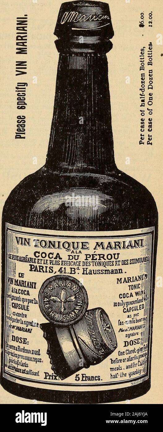 Die medizinischen und chirurgischen Reporter. ons über ihre Unterschriften (in ourpossession) sind vollständig in Einklang andclearly beweisen die Wirksamkeit und meritsof VIN MARIANI, Mai thussummarized werden: DiflFiisible Reizmittel und Stärkungsmittel in ansemia, nervöse Depression, Folgeerscheinungen von childbirthlymphatism, verspäteten Rekonvaleszenz, generalMalaise, und nach verschwenden Fiebern. Besonderer Hinweis auf das Nervensystem, inall krankhafte Zustände, Melancholie usw. Stärkungsmittel im Kehlkopf und Magen complica-, Magen Probleme. In allen Fällen, in denen eine allgemeine Kräftigung und Stärkung des Systems erforderlich ist. Die einzige Tonic Stimulans ohne u Stockfoto