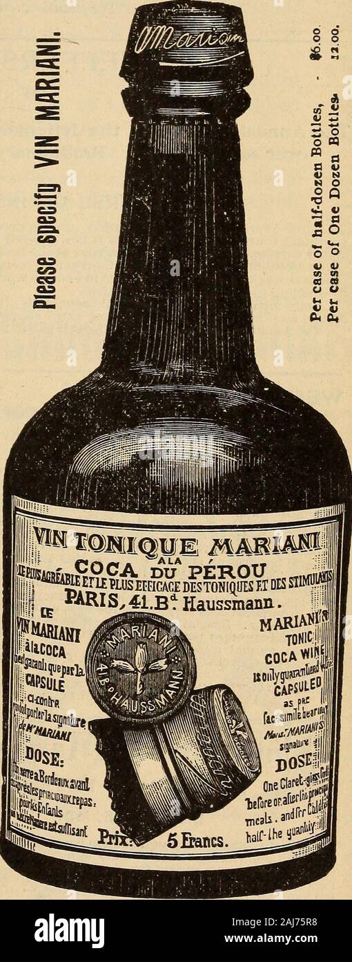 Die medizinischen und chirurgischen Reporter. ns über ihre Unterschriften (in ourpossession) sind vollständig in Einklang andclearly beweisen die Wirksamkeit und meritsof-VIN MARIANI, Mai thussummarized werden: Diffusiblem Reizmittel und Stärkungsmittel in der Anämie, nervöse Depression, Folgeerscheinungen von childbirthlymphatism, verspäteten Rekonvaleszenz, generalMalaise, und nach verschwenden Fiebern. Besonderer Hinweis auf das Nervensystem, inall krankhafte Zustände, Melancholie, etc, Stärkungsmittel im Kehlkopf und Magen complica-, Magen Probleme. Alle Fälle, in denen eine allgemeine Kräftigung und Stärkung des Systems erforderlich ist. Die einzige Tonic Stimulans ohne un- Stockfoto