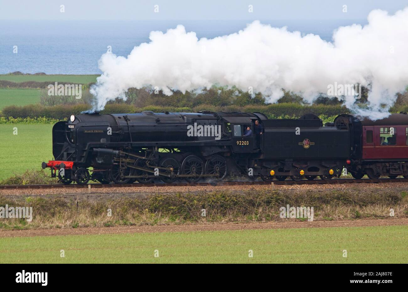 British Railways Standard Klasse 9 F Dampflok Schwarzen Prinzen 92203, auf der North Norfolk Eisenbahn Stockfoto