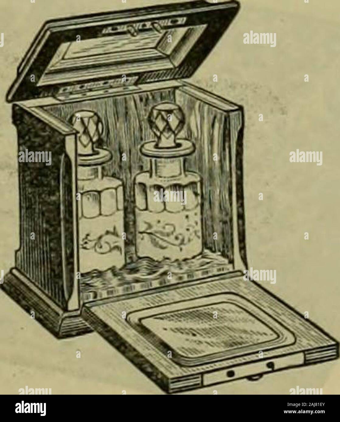 Strawbridge and Textilhändler's Quarterly. Nr. 5 - Damen Geruch, der Rus-Sia leder, gefüttert mit feinen pufTedsatin; hat abgeschrägte Glastüren, vorderen und oberen und zwei engravedbottles; Preis, I900.. Nr. 6 - Damen Geruch, von blackseal leder, gefüttert mit feinen puffedsatin. Es hat eine abgeschrägte Glas doorfront und oben, und zwei Cut-glassbottles; Preis, $ 8.00. Stockfoto