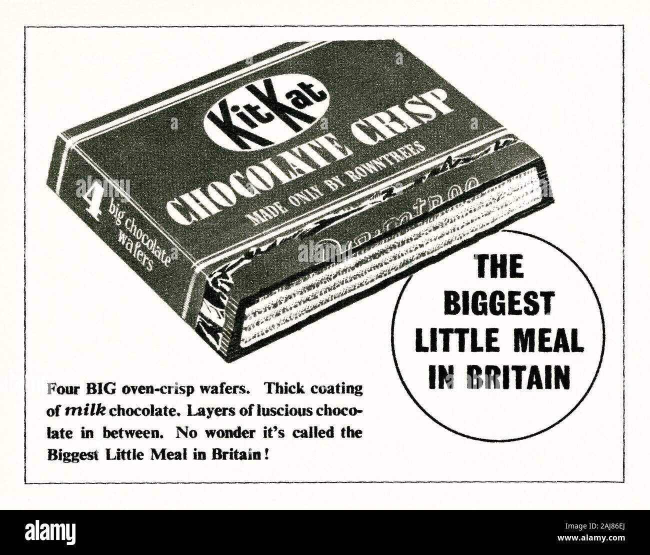 Eine Anzeige für ein Kit Kat Keks - es in einer Zeitschrift in Großbritannien im Jahr 1947 veröffentlicht wurde. Kit Kat ist ein mit Schokolade überzogene wafer Bar von Rowntree's von York, England, UK. Die ursprüngliche Version der Bar war nach einem Arbeiter an schlugen die York Rowntree ist ein Snack, der ein Bin ein in seinem Lunchpaket für Arbeit" entwickelt haben könnte. Sie wurde 1935 als Rowntree's Schokolade Crisp gestartet. Es war Kit Kat Schokolade Crisp 1937 umbenannt. Seine catchphrase nach dem Zweiten Weltkrieg (wie hier gezeigt) war die "Die größte kleine Mahlzeit in Britain". Seit 1957 der legendären Slogan für Los wurde" Machen Sie mal Pause... haben ein Kit Kat". Stockfoto