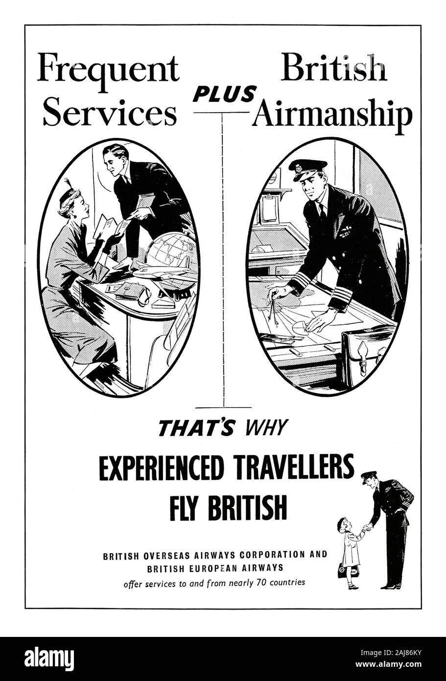 Anzeige für eine British Overseas Airways Corporation (BOAC) und der British European Airways (BEA), 1951. Dies erschien im Magazin vom 2. Juni 1951. Die drei Abbildungen verfügen über eine Frau Inspektion reisen Literatur, ein Pilot seinen Kurs auf einem Diagramm und einem kleinen Mädchen die Hände schütteln mit einem Pilotprojekt. Die Kopie betont ihre häufige Dienste und die ordnungsgemäße Flugzeugführung für das Personal. Die beiden Unternehmen wurden später British Airways (BA). Stockfoto