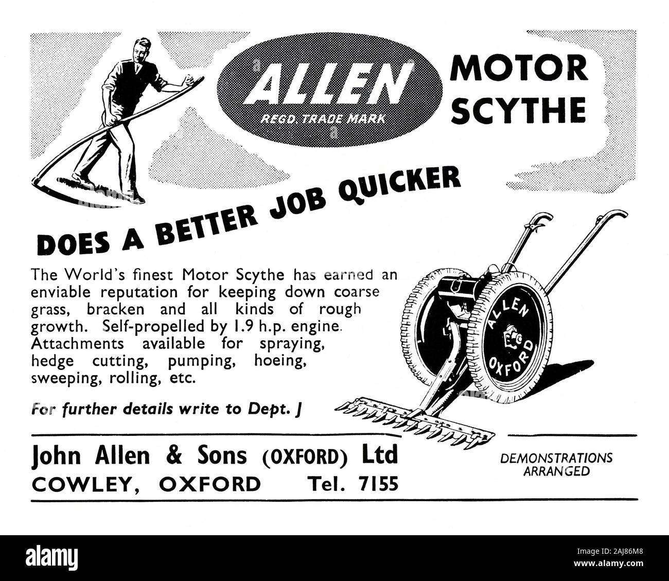 Werbung für ein Allen Motor Scythe, 1951. Dies erschien im Magazin vom 2. Juni 1951. Die Abbildungen bieten einen Mann mit der Sense das Gras und das Benzin zu schneiden - angetrieben Allen Modell. Das Unternehmen wurde in Cowley, Oxford, Oxfordshire, England, Großbritannien Stockfoto