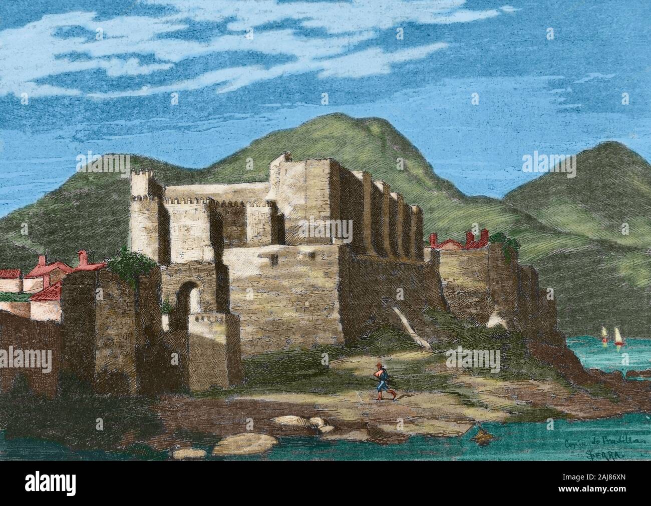 Spanien, Andalusien, Provinz Cadiz, Tarifa. Schloss von guzmans oder Schloss von Guzman el Bueno. Es wurde im Jahr 960 von Abd ar-Rahman III., Kalif von Córdoba gebaut. Kupferstich von Serra nach einem Gemälde von pradilla. Museo Militar, 1883. Später Färbung. Stockfoto