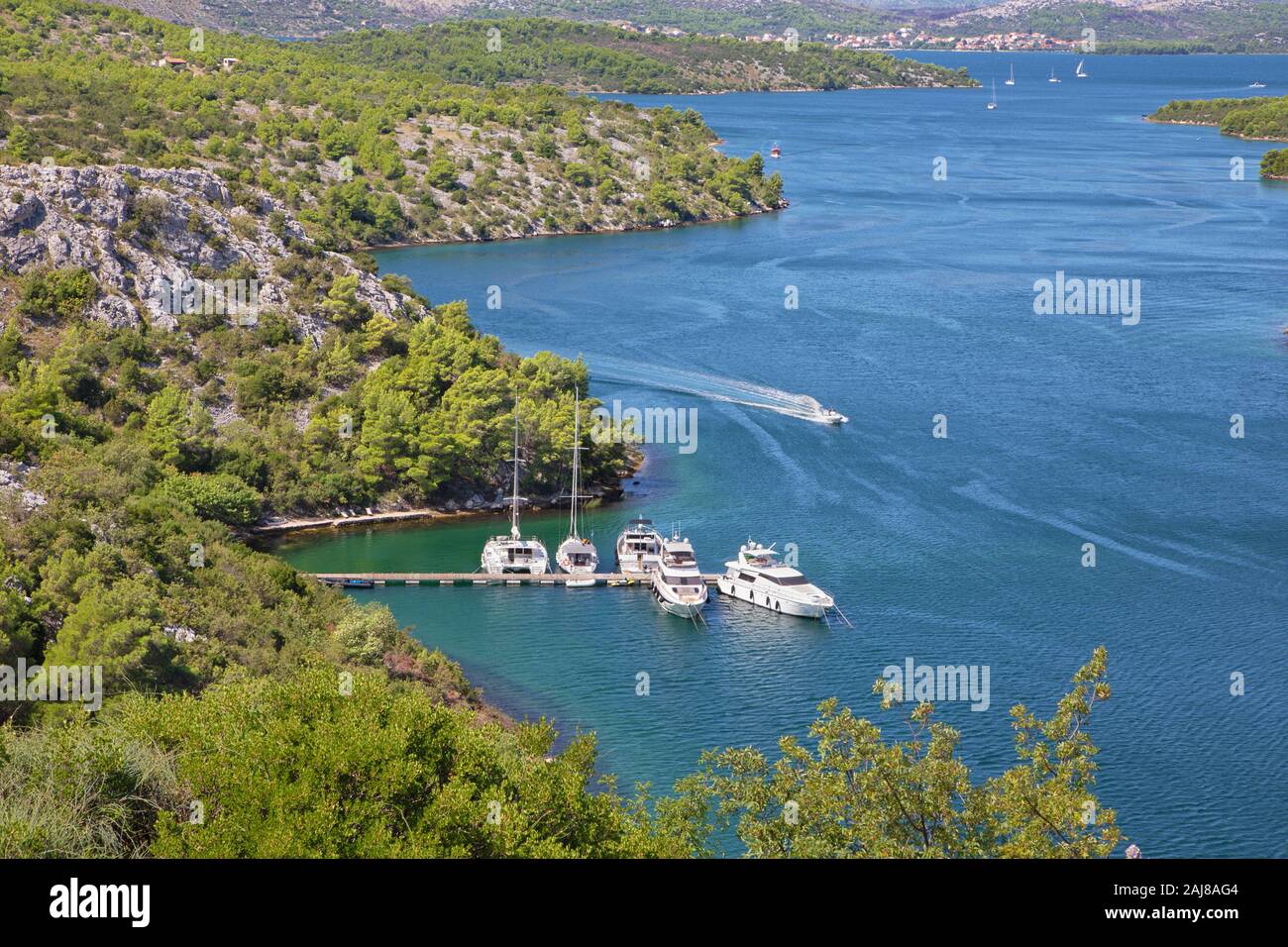 Kroatien - die Bucht von Skradin endenden Fluss Krka in Kroatien. Stockfoto