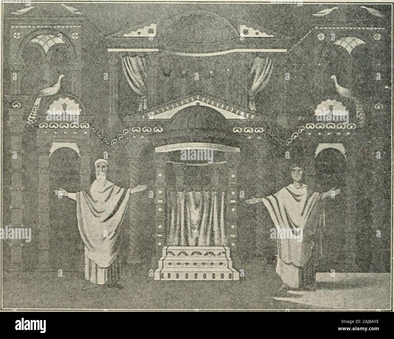 Denkmäler der frühen Kirche. Abb. 143. - Palast der Thoodoric, Mosaik in S. Apollinare Nuovo, Kavenna. Sechsten Jahrhundert.. Fir.. 144. - Mosaicdrawn; bevor es, Paenula. S. Georg-e. Thessaloniki. Ein Altar und Ziborium, mit curtainthe Haltung ich rayer), stand ein Mann und eine % Oman verkleidet in der MIXIATUBES 333 Ski!. l. Das interessanteste Feature von der Dekoration der thischurch ist die Reihe von Medaillon Porträts der Bischöfe ofRavenna, die in der langen Zeile oberhalb der Kolonnade angeordnet sind. Sie sind eine Nachahmung des Porträts der Päpste in S. Paulsat Rom. Abbildung 142 stellt eine der Bischöfe Stockfoto