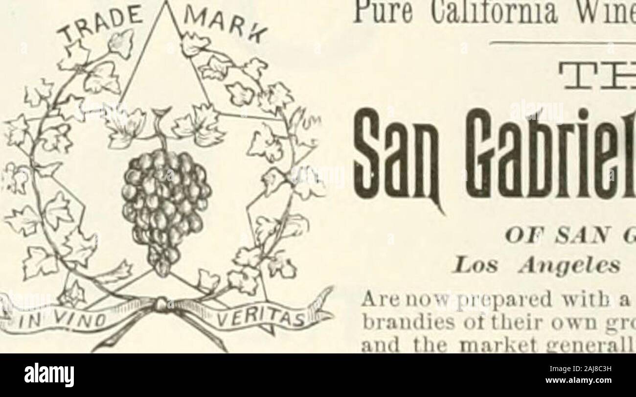 Pacific Wein und Geist. Züchter und Händler inCaliJnrnifl - WEINE UND BRANDJES Inhaber Glen Eilen yiini Vauis. Feine Weine eine Spezialität R 04-506 Market St., SalL Fuuifib,-.), Cal. aSO Pine Street, SAN FRANCISCO, CAL. S. Muster oe unsere Arbeit in diesem Papier. Reine Kalifornien Weine & Traube Weinbrände, die. Stockfoto
