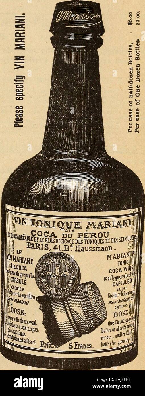 Die medizinischen und chirurgischen Reporter. Über ihre Unterschriften (in ourpossession) sind vollständig in Einklang andclearly beweisen die Wirksamkeit und meritsof-VIN MARIANI, Mai thussummarized werden: Diffusiblem Reizmittel und Stärkungsmittel in ansemia, nervöse Depression, Folgeerscheinungen von childbirthlymphatism, verspäteten Rekonvaleszenz, allgemeines Unwohlsein und Fieber zu verschwenden. Besonderer Hinweis auf das Nervensystem, inall krankhafte Zustände, Melancholie usw. Stärkungsmittel im Kehlkopf und Magen complica-, Magen Probleme. Alle Fälle, in denen eine allgemeine Kräftigung und Stärkung des Systems erforderlich ist. Die einzige Tonic Stimulans ohne un-p Stockfoto