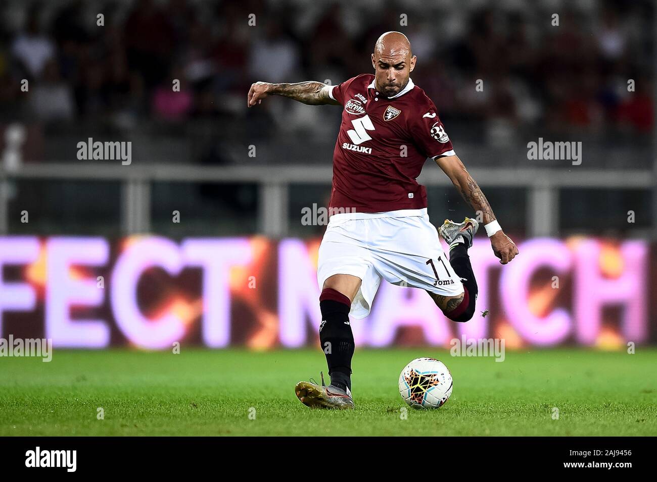Turin, Italien. 8. August 2019: Simone Zaza von Torino FC in Aktion während der UEFA Europa League dritte Qualifying Runde Fußballspiel zwischen Torino FC und FC Shakhtyor Soligorsk. Torino FC gewann 5-0 über FC Shakhtyor Soligorsk. Credit: Nicolò Campo/Alamy leben Nachrichten Stockfoto