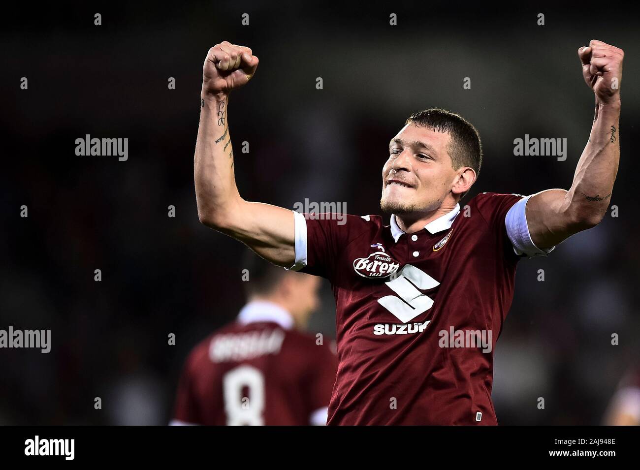 Turin, Italien. 8. August 2019: Andrea Belotti von Torino FC feiert nach dem Scoring ein Ziel während der UEFA Europa League dritte Qualifying Runde Fußballspiel zwischen Torino FC und FC Shakhtyor Soligorsk. Torino FC gewann 5-0 über FC Shakhtyor Soligorsk. Credit: Nicolò Campo/Alamy leben Nachrichten Stockfoto