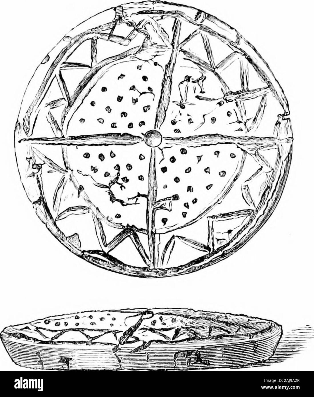 Ein Führer zu den Antiquitäten aus der Bronzezeit in der Abteilung der Britischen und mittelalterliches Antiquitäten. Mit einem cinerary Urne, zwei Bronze Stifte und kleine Perlen; auf thebottom sind tief eingeschnittene konzentrische Ringe thedesign ähnelt oft am Cup gesehen - markierte Steine (unten C). Die verzierten Decken (Abb. 23) aus einer Vase etwas Uke. Abb. 23.- Abdeckung der urne, Durnford, Wilts. E2 52 BESCHREIBUNG DER FÄLLE 19, 20 von Broughton, Hants (Abb. 24), war mit eingeäschert burialsin einer von sieben Grabhügel bei Durnford, Wilts. gefunden, und ist der comparativerarity. Toed - Schiffe haben mit Abdeckungen (Abb. gefunden worden. Stockfoto