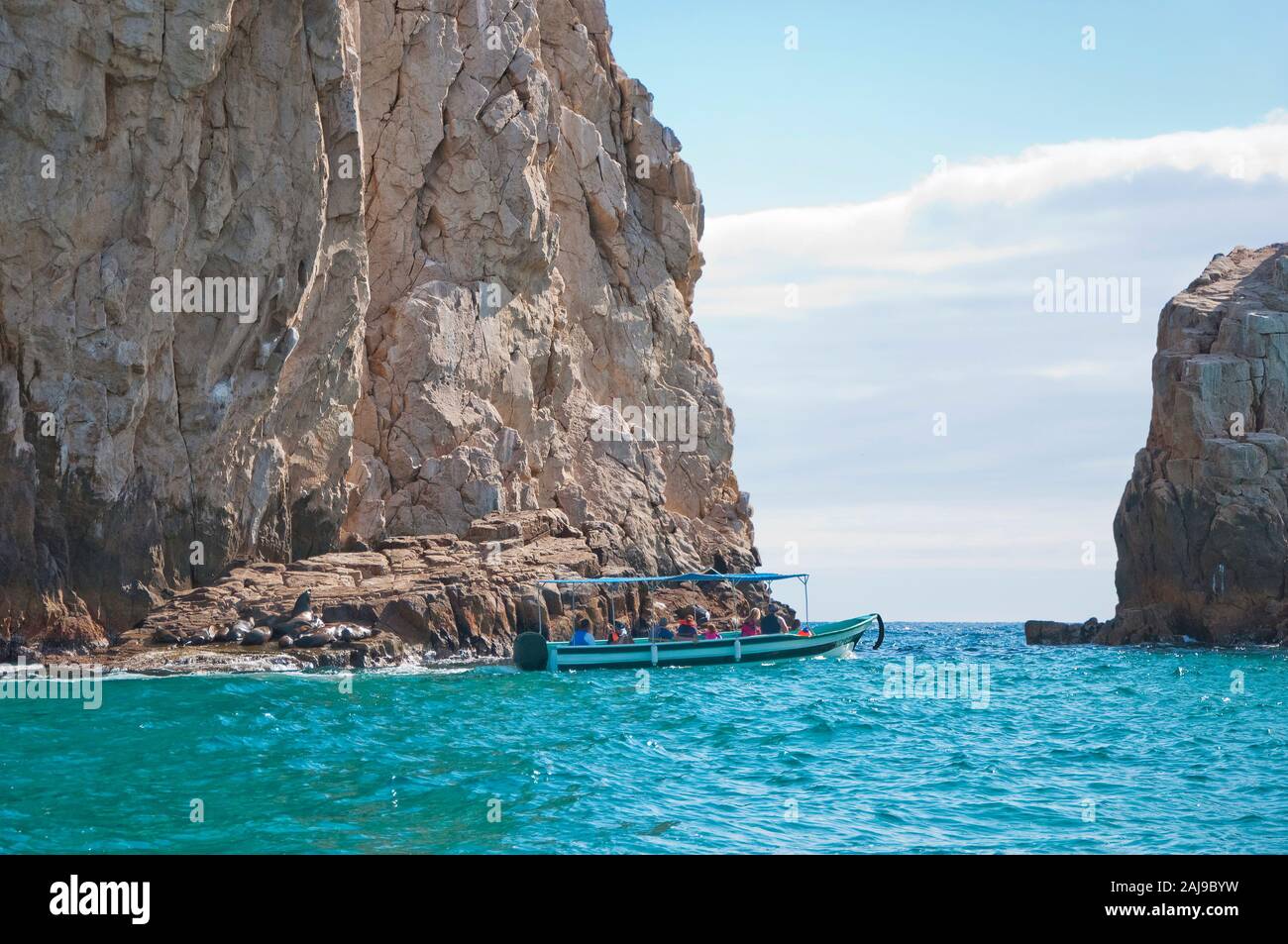 Tour Boot durch Seelöwen und Felsklippen, Cabo San Lucas Stockfoto