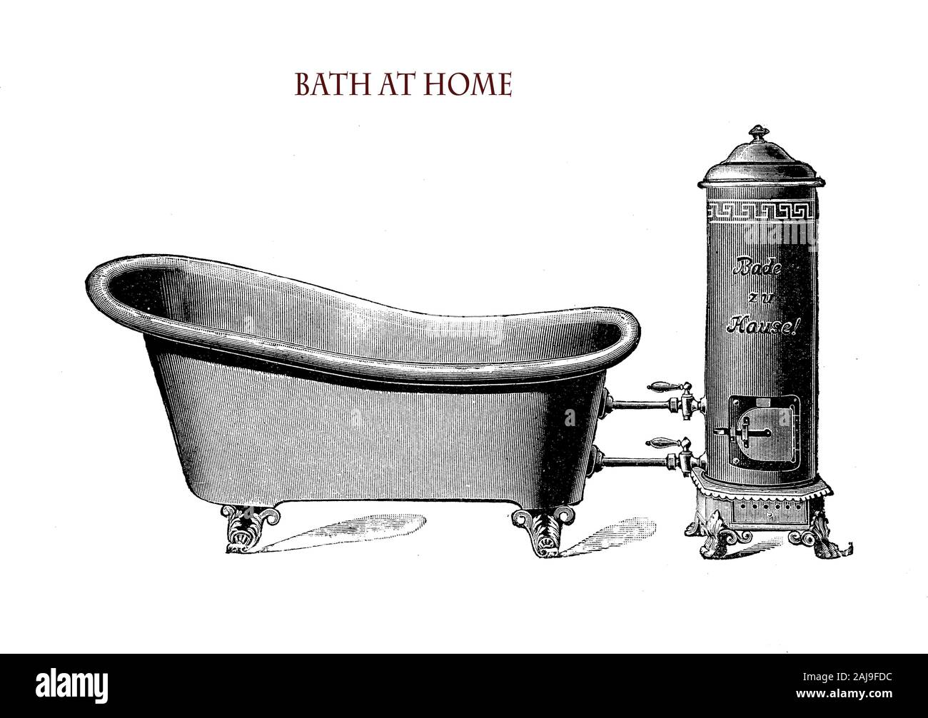 Baden zu Hause: Badewanne mit Heizung Herd Verbindung für heißes Wasser, 19. Jahrhundert Stockfoto