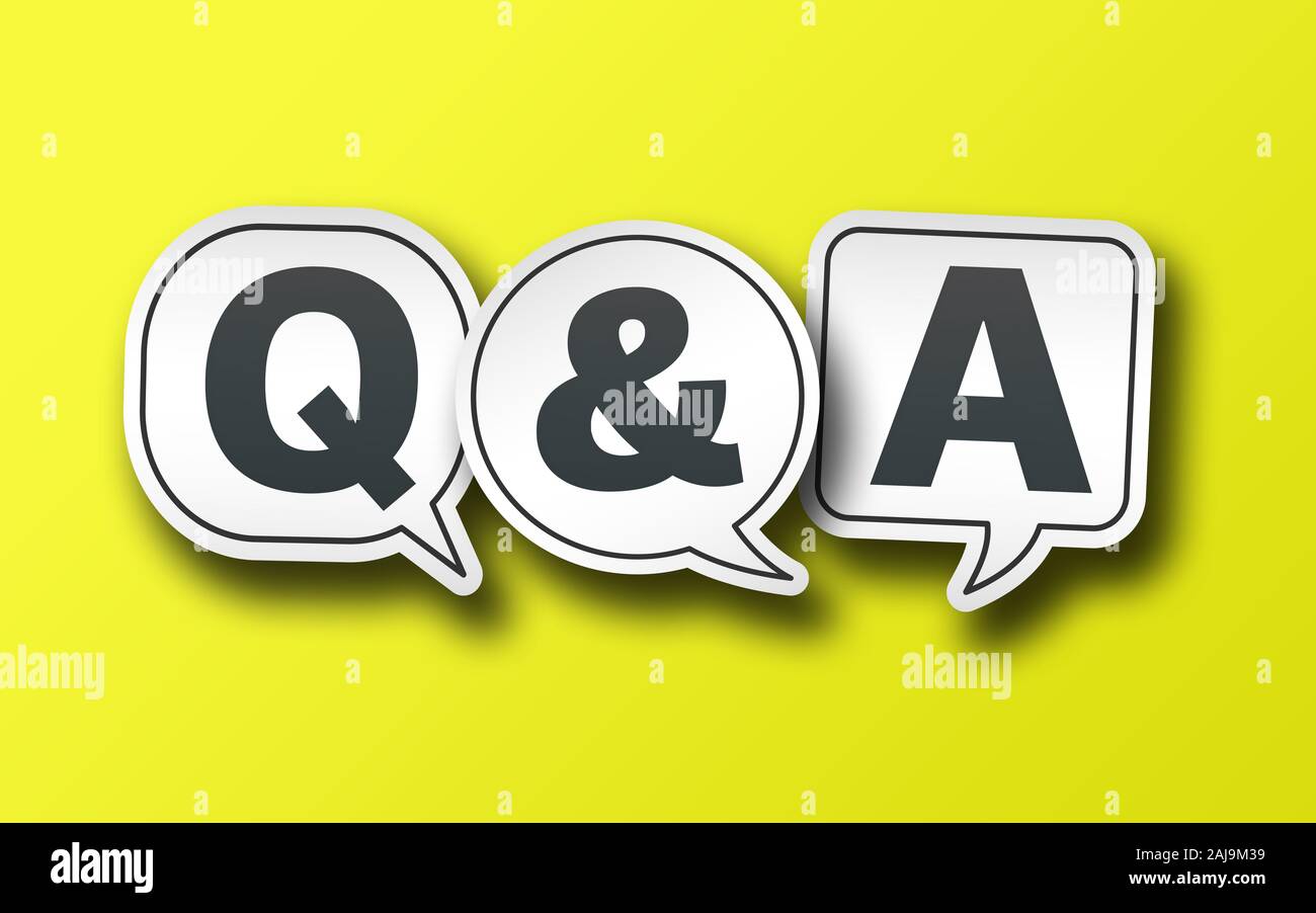 Sprechblasen mit Q und ein auf soliden gelben Hintergrund, Häufig gestellte Fragen oder Fragen und Antworten Konzept Stockfoto