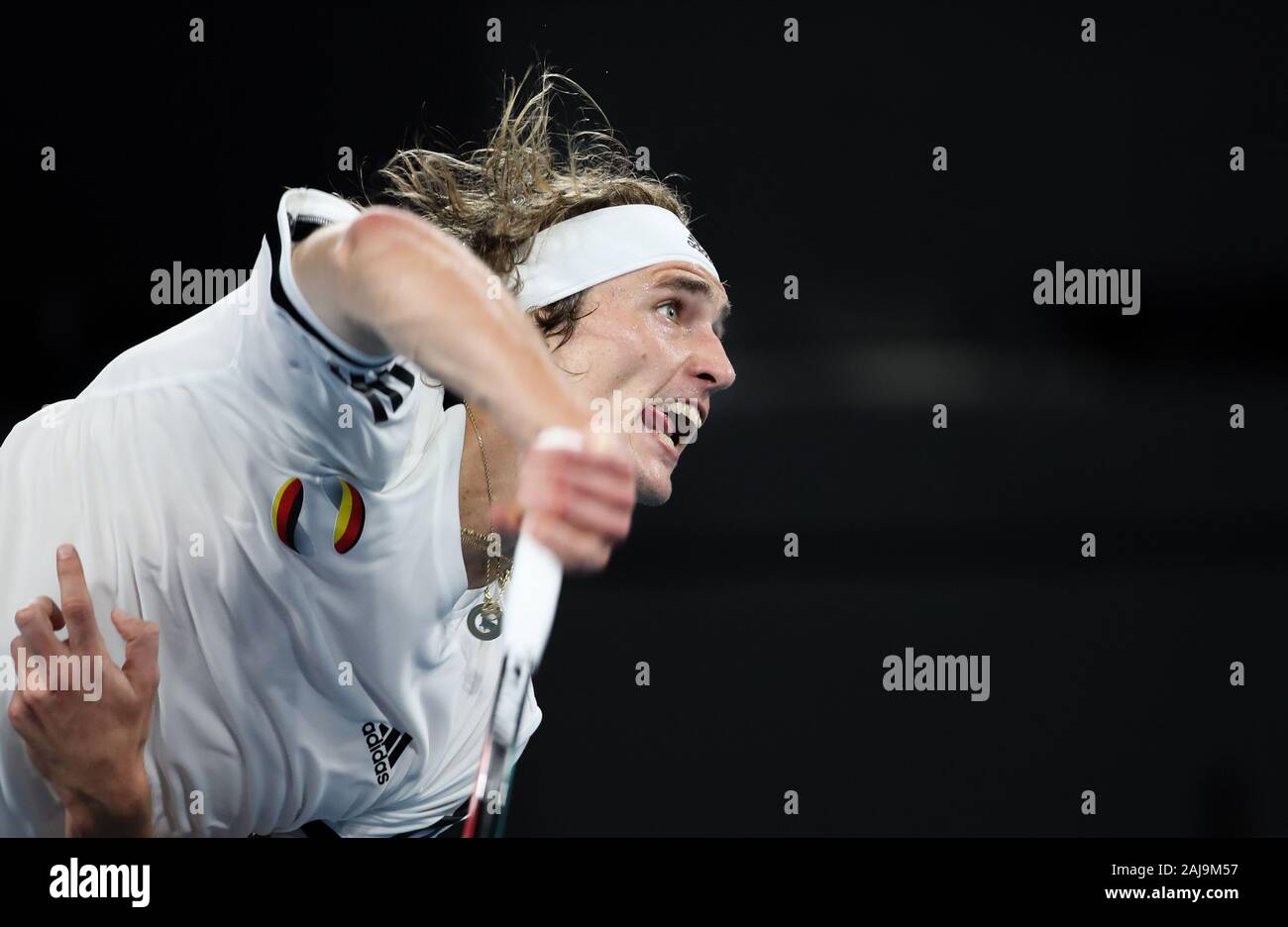 Brisbane, Australien. 3 Jan, 2020. Alexander Zverev Deutschland konkurriert beim ATP-WM Gruppe F gegen Alex de Minaur in Australien in Brisbane, Australien, am Jan. 3, 2020. Credit: Bai Xuefei/Xinhua/Alamy leben Nachrichten Stockfoto