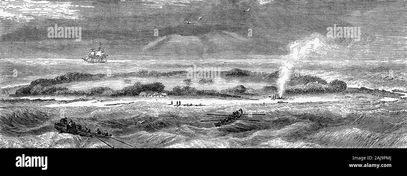 Eine Pacific Ocean Coral Island ist eine Insel von Coral detritus gebildet und die damit verbundenen organischen Materialien, die in tropischen und subtropischen Gebieten, in der Regel als Teil der Korallenriffe, die Erwachsenen haben ein weit größeres Gebiet unter dem Meer zu decken. Stockfoto