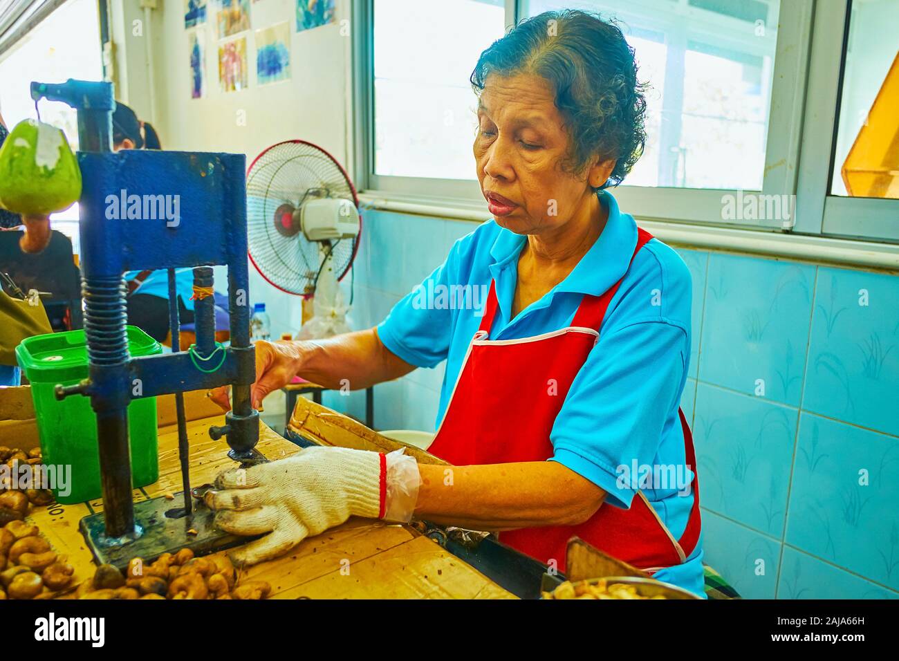 PHUKET, Thailand - 30 april, 2019: Der Prozess von Cashew-nüssen Hand in Shop von Cashew factory Peeling, am 30. April in Phuket Stockfoto